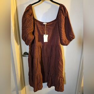 easel Rust Plaid Puff Sleeve Tiered Mini Dress